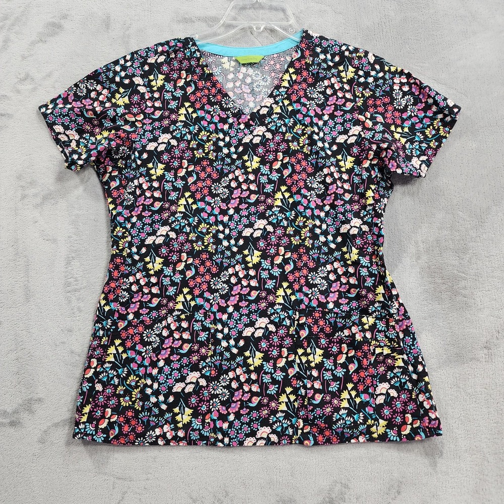 Vera Bradley Top Womens S Black Multicolor Floral Scrub V-Neck Short Sleeve